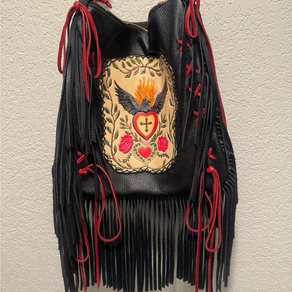Handbags - Black and Red Embroidered Fringe Bag